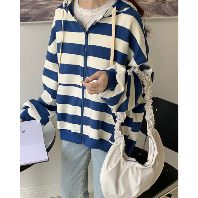 Striped Hooded Sweater Women's Loose Cardigan Zipper Coat