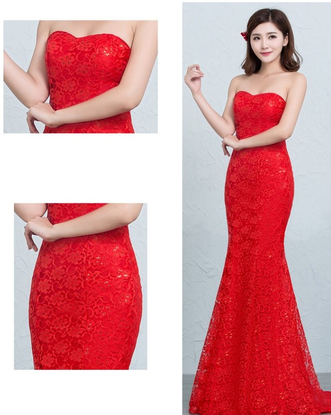 Sequined lace waist fishtail wedding dress
