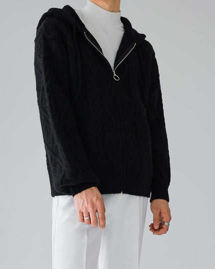 Men's Zipper Hooded Solid Color Loose Rhombus Plaid Coat