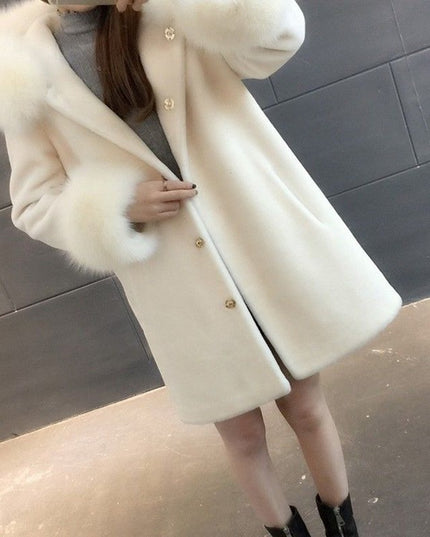 Hooded fox wool sheep sheared fur coat jacket