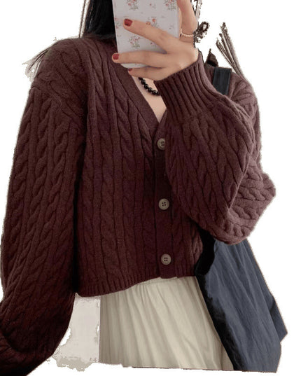 Twist Outer Wear V-neck Sweater Needle Woven Women's Cardigan