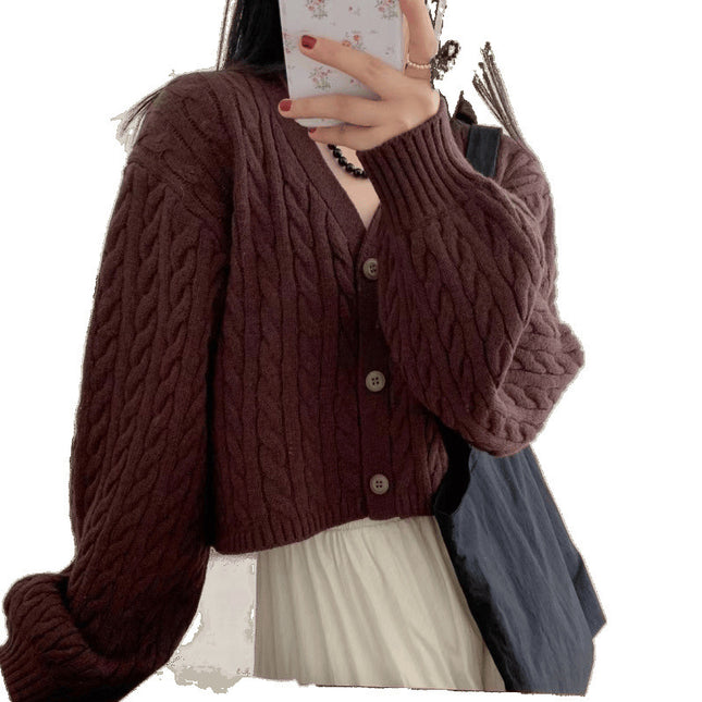Twist Outer Wear V-neck Sweater Needle Woven Women's Cardigan