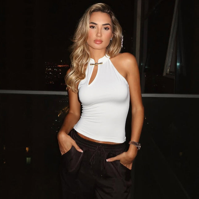 Fashion Buckle Hollow Sexy Sleeveless Slim T-shirt