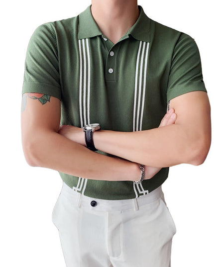Men's Short Sleeve Knit Sweater Lapel T-shirt Teen Pullover