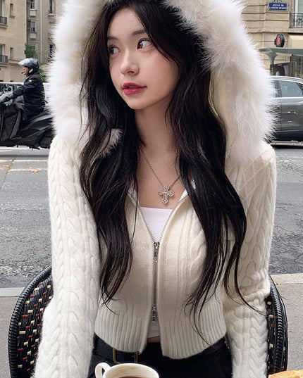 Women's Wool Stitching Hooded Wool Top With Twist Zipper Nipped Waist Knit Sweater