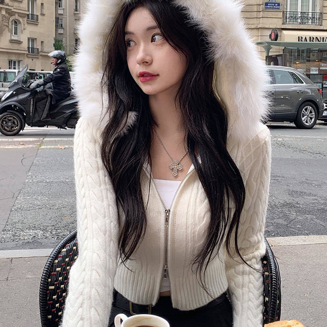 Women's Wool Stitching Hooded Wool Top With Twist Zipper Nipped Waist Knit Sweater