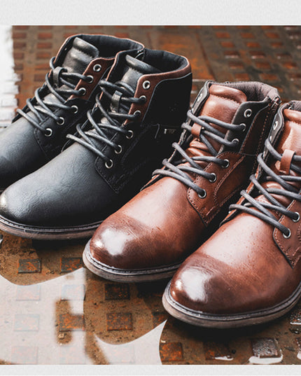 Soldier Boots Men's Leather Shoes Martin Retro High-Top Shoes With Laces