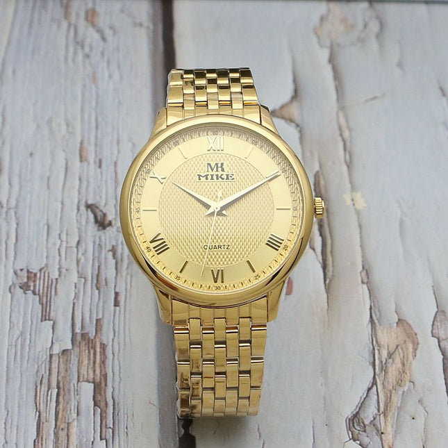 Waterproof Men's Gold Watch Fashion Gun Color Steel Band Quartz Watch