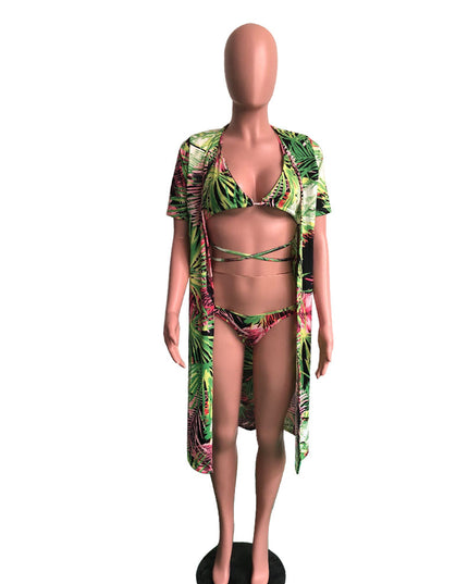 Three-piece printed cloak bikini swimsuit