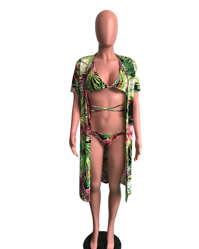 Three-piece printed cloak bikini swimsuit
