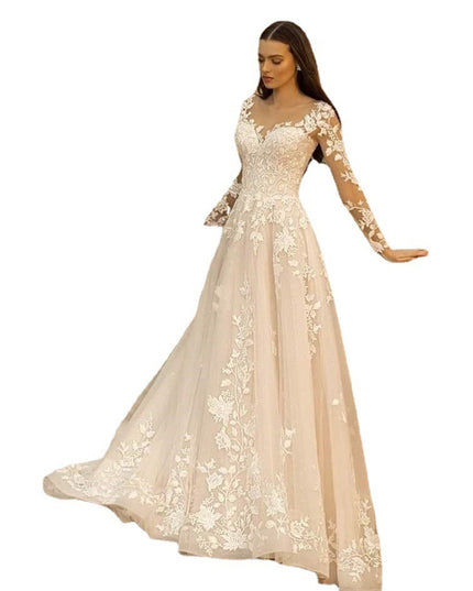 Long Sleeve Wedding Dress Mori Style Bridal Simple Round Neck