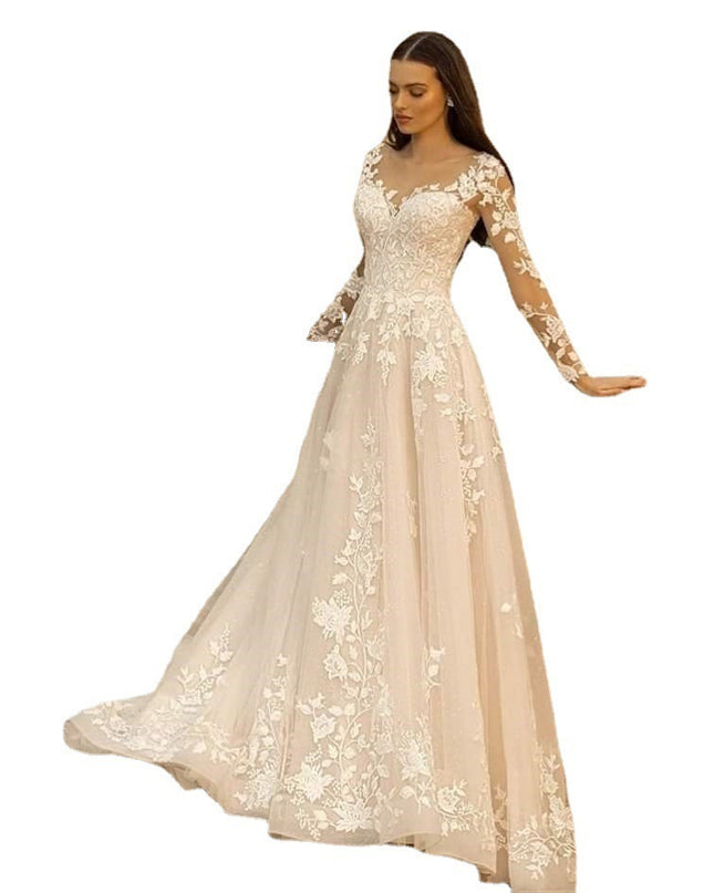 Long Sleeve Wedding Dress Mori Style Bridal Simple Round Neck