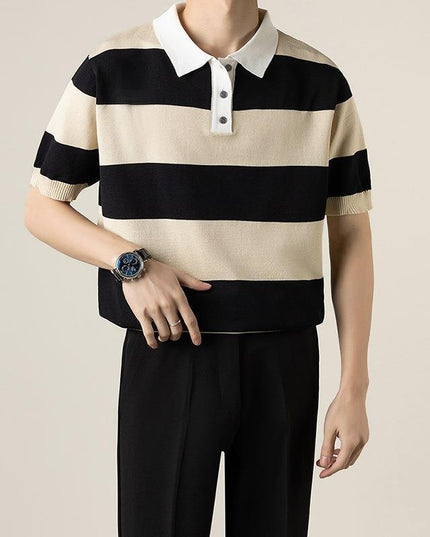 Lightly Mature Knitted Polo Shirt Casual Striped Short Sleeve