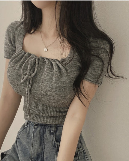 Square Collar Drawstring Short Knitwear Slim Top