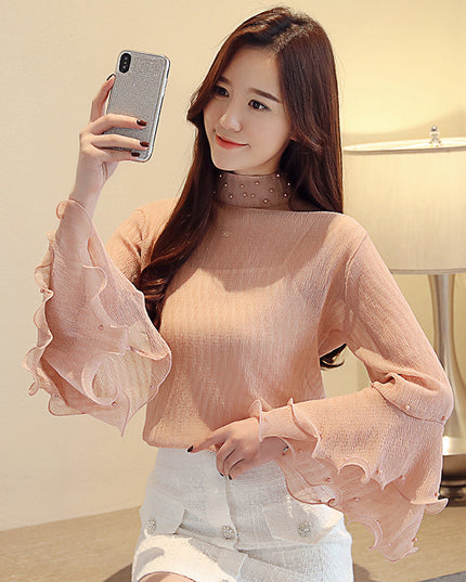 Stand collar beaded chiffon shirt