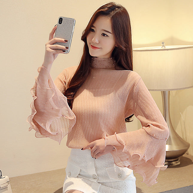 Stand collar beaded chiffon shirt