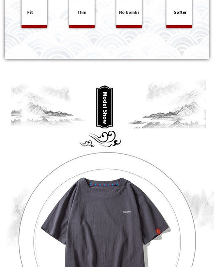Chinese Men's Letter Embroidery Loose Half Sleeve Cotton Linen Short Sleeve