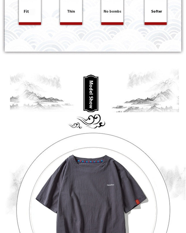 Chinese Men's Letter Embroidery Loose Half Sleeve Cotton Linen Short Sleeve