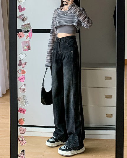 Washed Wide-leg Men And Women Autumn And Winter New Large Size Pear-shaped High Waist Slim Straight Trousers