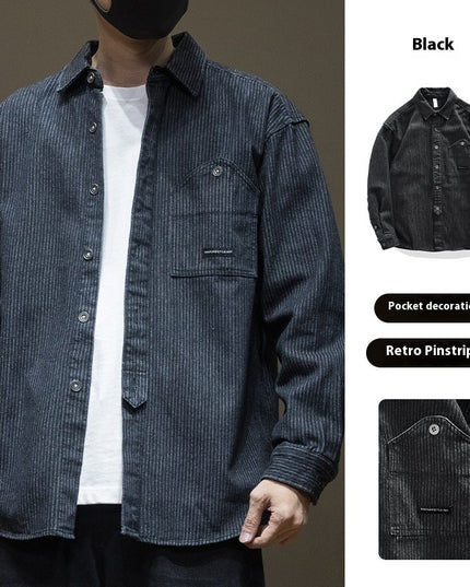 Japanese Style Stripe Denim Men's Long Sleeve Shirt