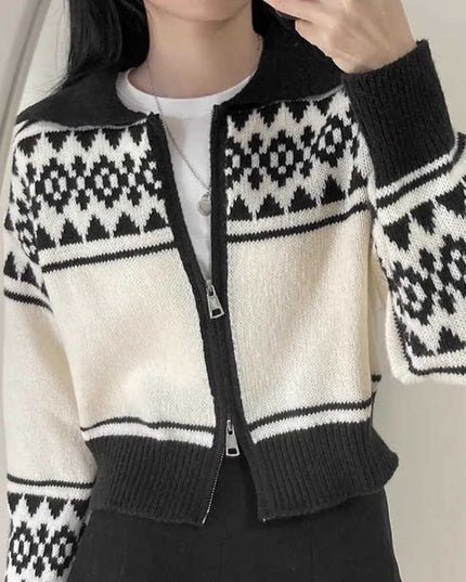 Lapel Contrast Color Jacquard Long Sleeve Zipper Sweater Coat For Women