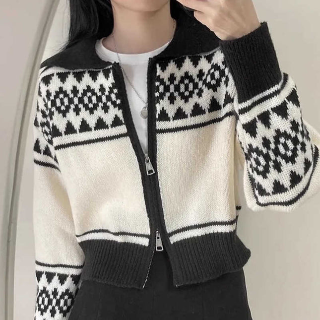 Lapel Contrast Color Jacquard Long Sleeve Zipper Sweater Coat For Women