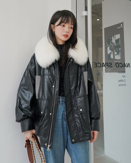 Loose Little Black Pie Overcoming Plaid Stitching Leather Coat And Cotton Jacket