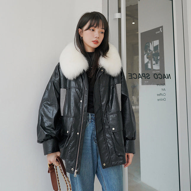 Loose Little Black Pie Overcoming Plaid Stitching Leather Coat And Cotton Jacket