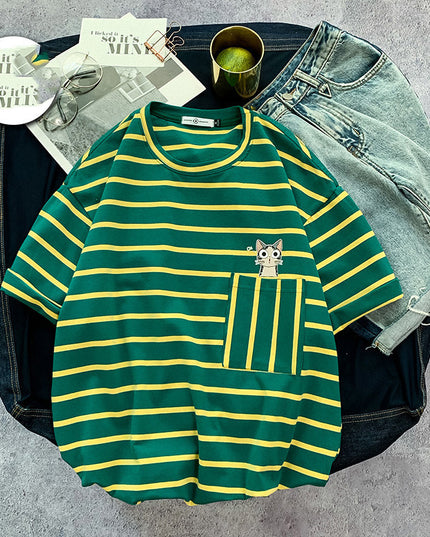 Men's Striped short sleeve T-shirt fat trend to add fat