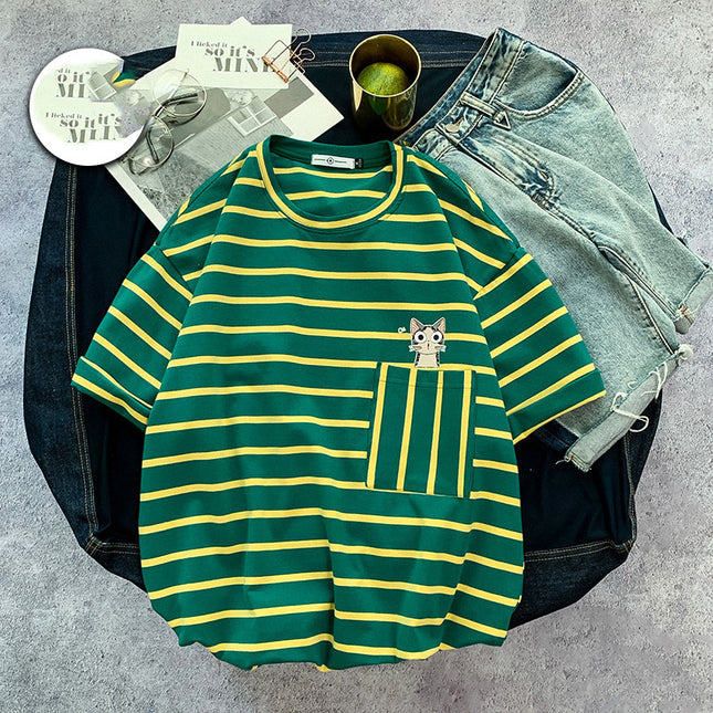 Men's Striped short sleeve T-shirt fat trend to add fat