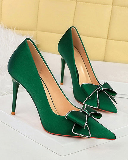 Rhinestone Bow Stiletto Heel Pumps Pointed High Heels