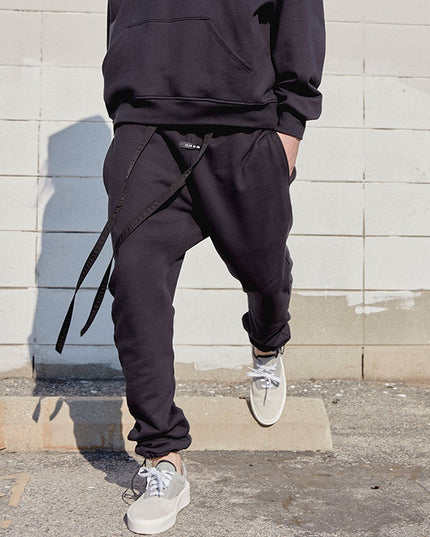 Bracelet streamer drawstring pure black men's sweatpants