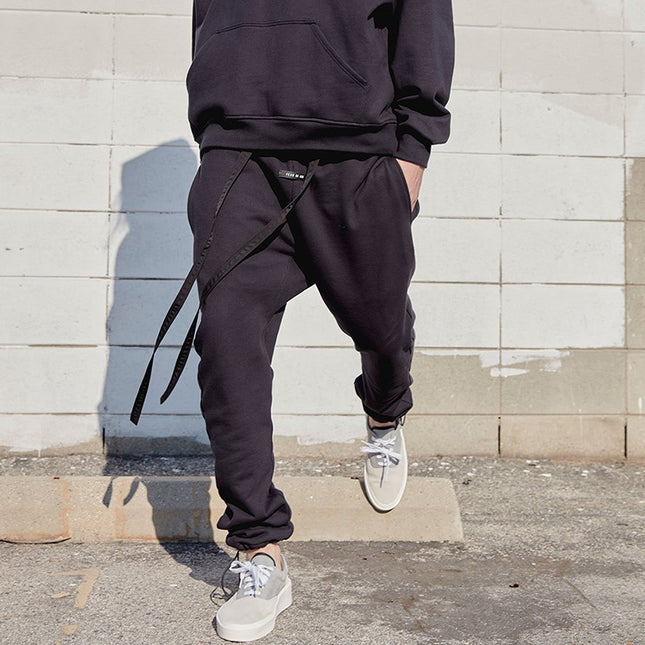 Bracelet streamer drawstring pure black men's sweatpants