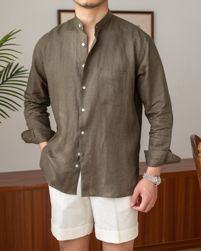 Men's Commuter Light Cooked Casual Breathable Pure Linen Long Sleeve Shirt
