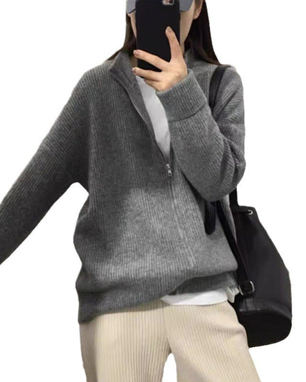 New Outdoor Idle Style Solid Color Zipper Knitted Cardigan Top