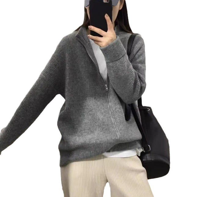 New Outdoor Idle Style Solid Color Zipper Knitted Cardigan Top