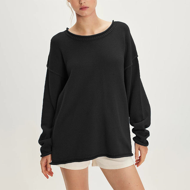 Women's Knitted Solid Color Round Neck Pullover Loose Sweater