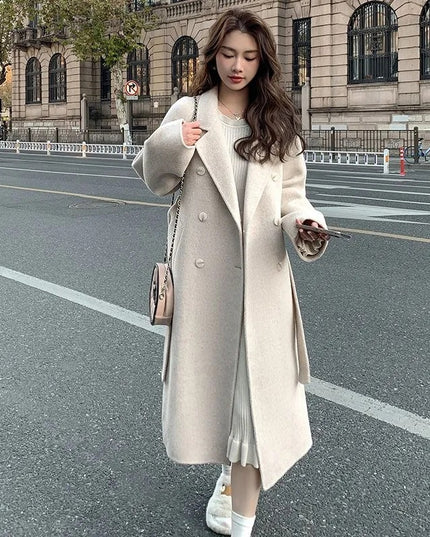Loose Mid-length Lace-up Woolen Coat Women
