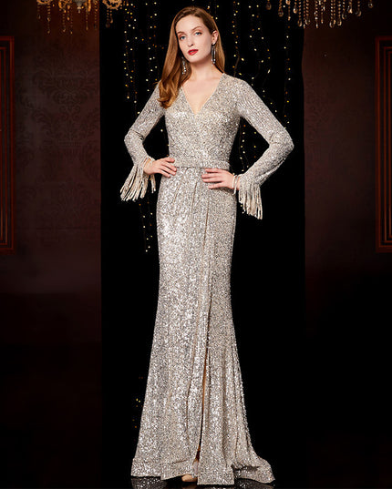 Temperament Banquet Ladies Sequined Annual Meeting Host Long Evening Dress