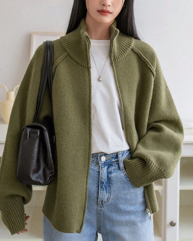 Solid Color Stand Collar Zipper Knitted Cardigan Top