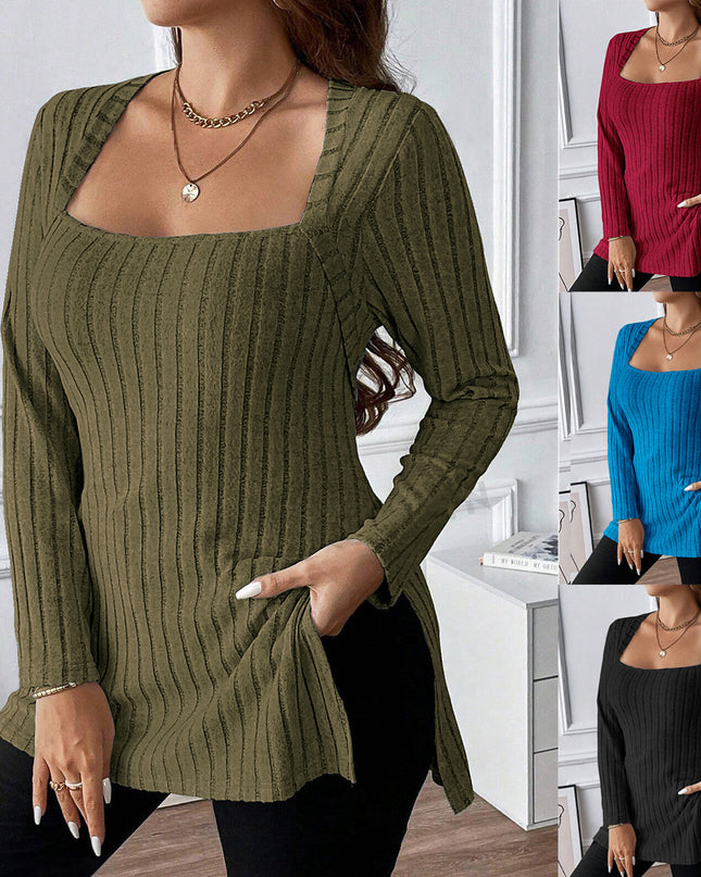 Rib Fabric Brushed Square Collar Long Sleeve Top