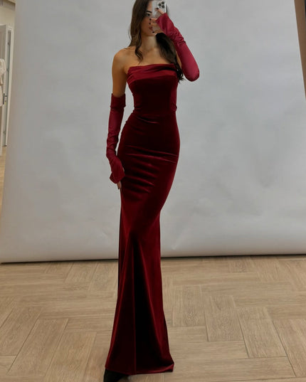 Burgundy Velvet Strapless Maxi Dress