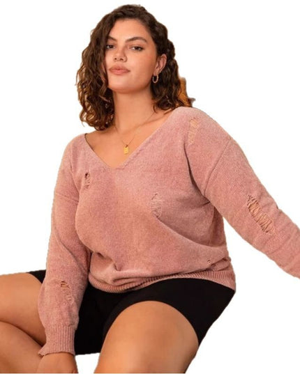 Ladies' Sexy Knitted Sweater, Loose Fit, V-neck Long Sleeved, Perforated Design - Plus Size Fashionable Top