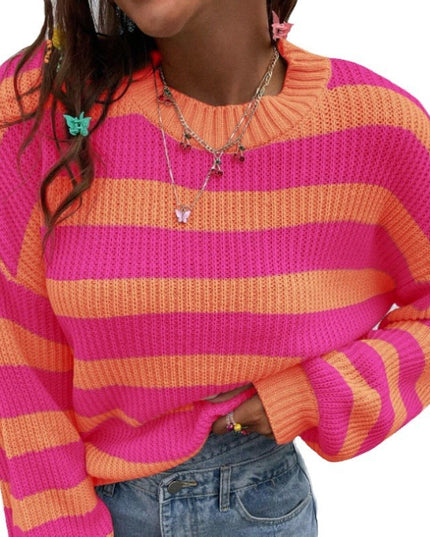 Autumn And Winter New Contrast Color Loose Shoulder Striped Pullover Sweater