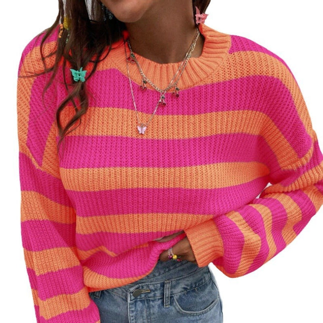 Autumn And Winter New Contrast Color Loose Shoulder Striped Pullover Sweater