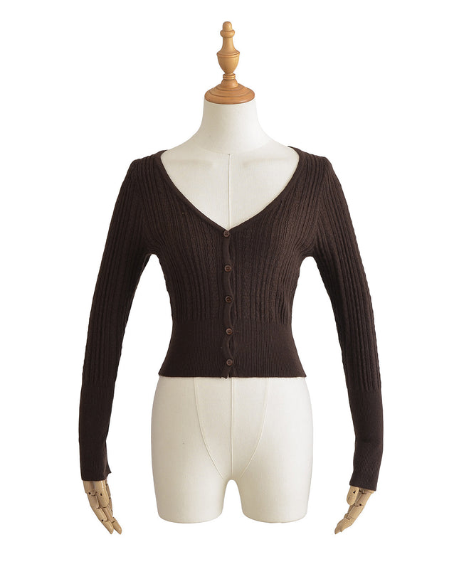 American Hot Girl Pure Desire Sexy V-neck Single-breasted Long Sleeve Sweater