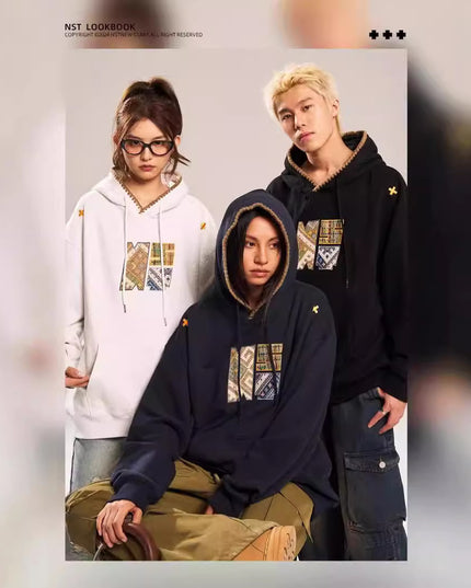 Retro Ethnic Style Woven Patch Versatile Loose Hooded Sweater