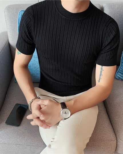Thin Solid Color Half Turtleneck Dark Stripe Knit Short Sleeves