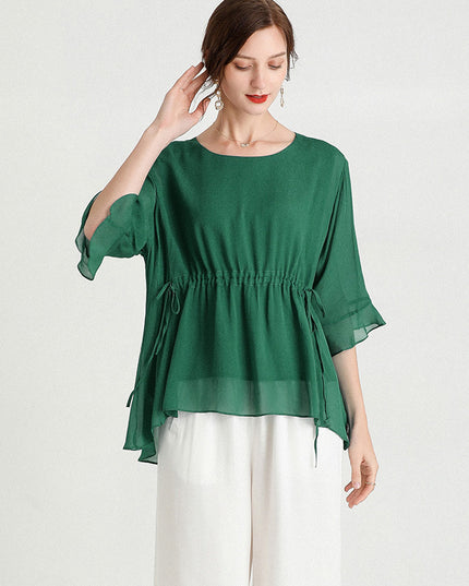 Summer New Style Temperament Short-Sleeved Plus Size Slimming Silk Blouse Women
