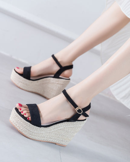 Open Toe Ankle-strap Buckle Wedge Woven Sandals